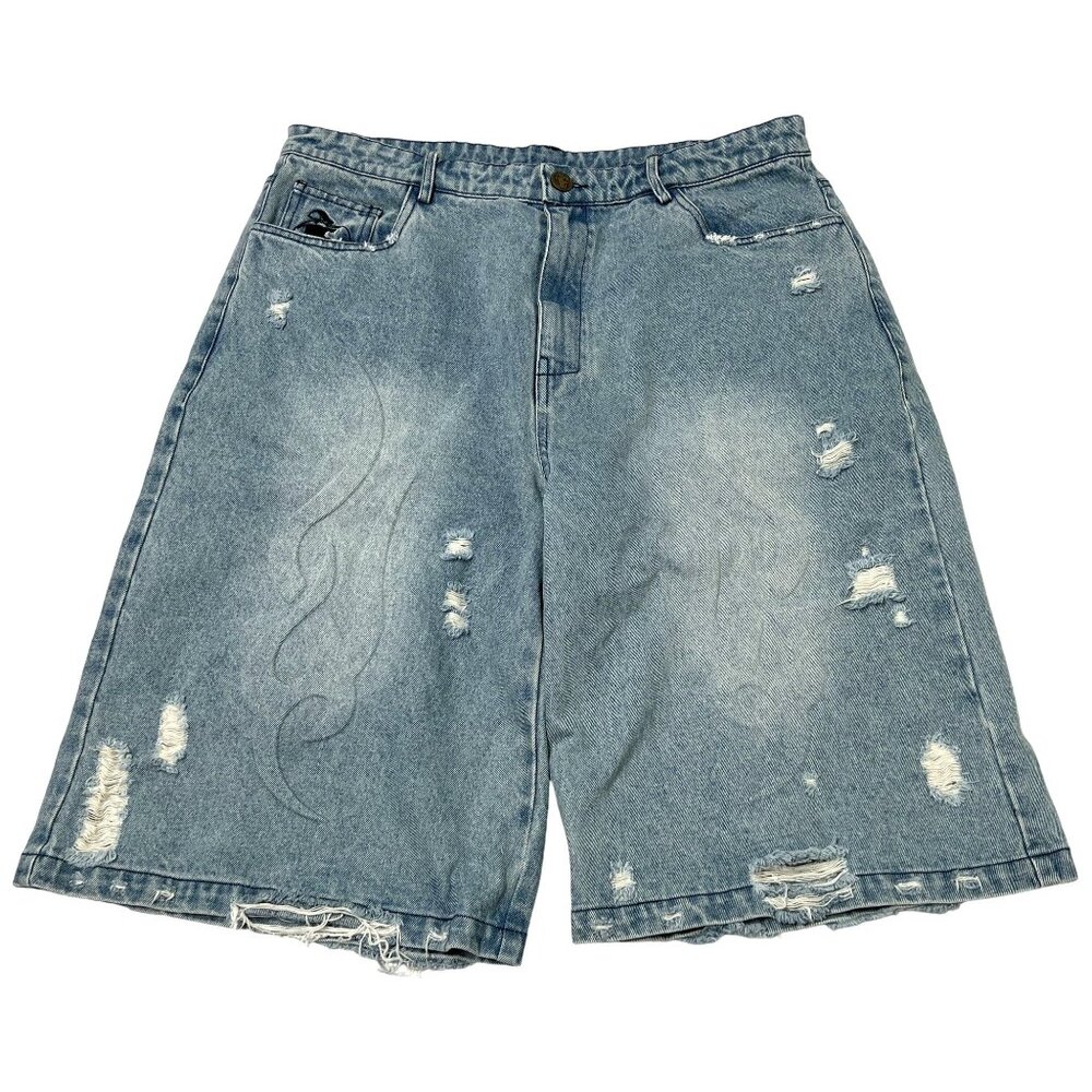 Chew Forever 3D Tribal Distressed Shorts in Blue
